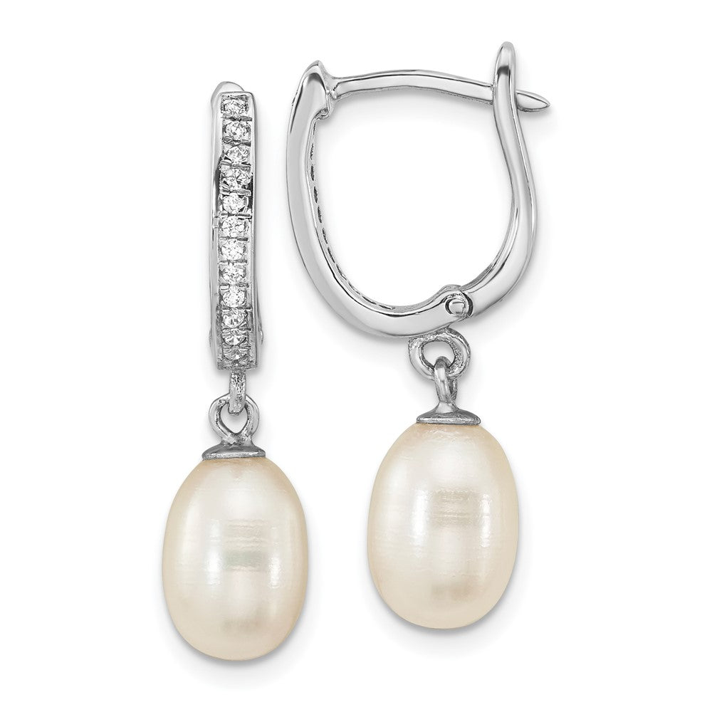 QE16365 Sterling Silver Rhodium-plated 7-8mm White Rice Freshwater Cultured Pearl and CZ Hoop Dangle Earring