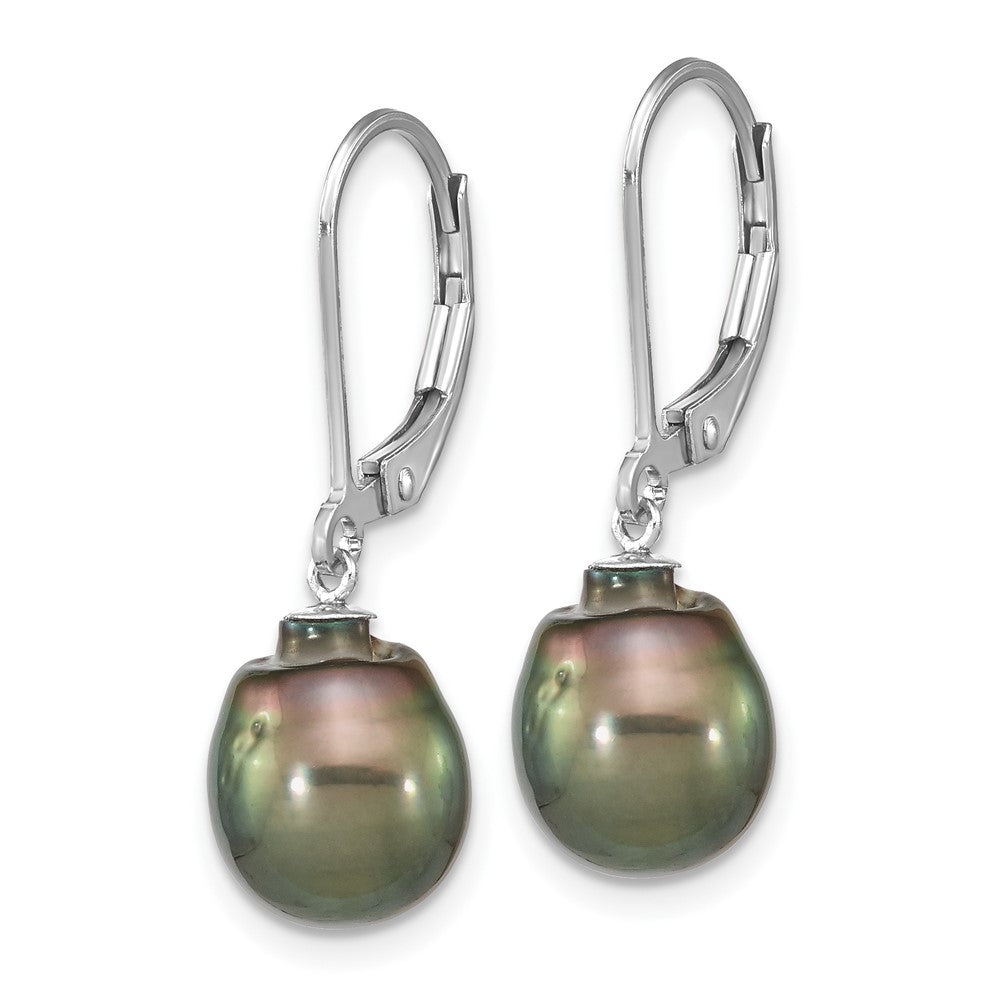 QE16375 Sterling Silver Rhodium-plated 9-10mm Black Teardrop Tahitian Saltwater Cultured Pearl Dangle Leverback Earrings