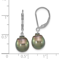 QE16375 Sterling Silver Rhodium-plated 9-10mm Black Teardrop Tahitian Saltwater Cultured Pearl Dangle Leverback Earrings