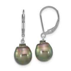 QE16375 Sterling Silver Rhodium-plated 9-10mm Black Teardrop Tahitian Saltwater Cultured Pearl Dangle Leverback Earrings