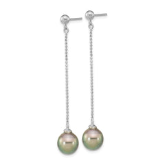 QE16377 Sterling Silver Rhodium-plated 9-10mm Black Teardrop Tahitian Saltwater Cultured Pearl Post Dangle Earrings