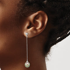 QE16377 Sterling Silver Rhodium-plated 9-10mm Black Teardrop Tahitian Saltwater Cultured Pearl Post Dangle Earrings