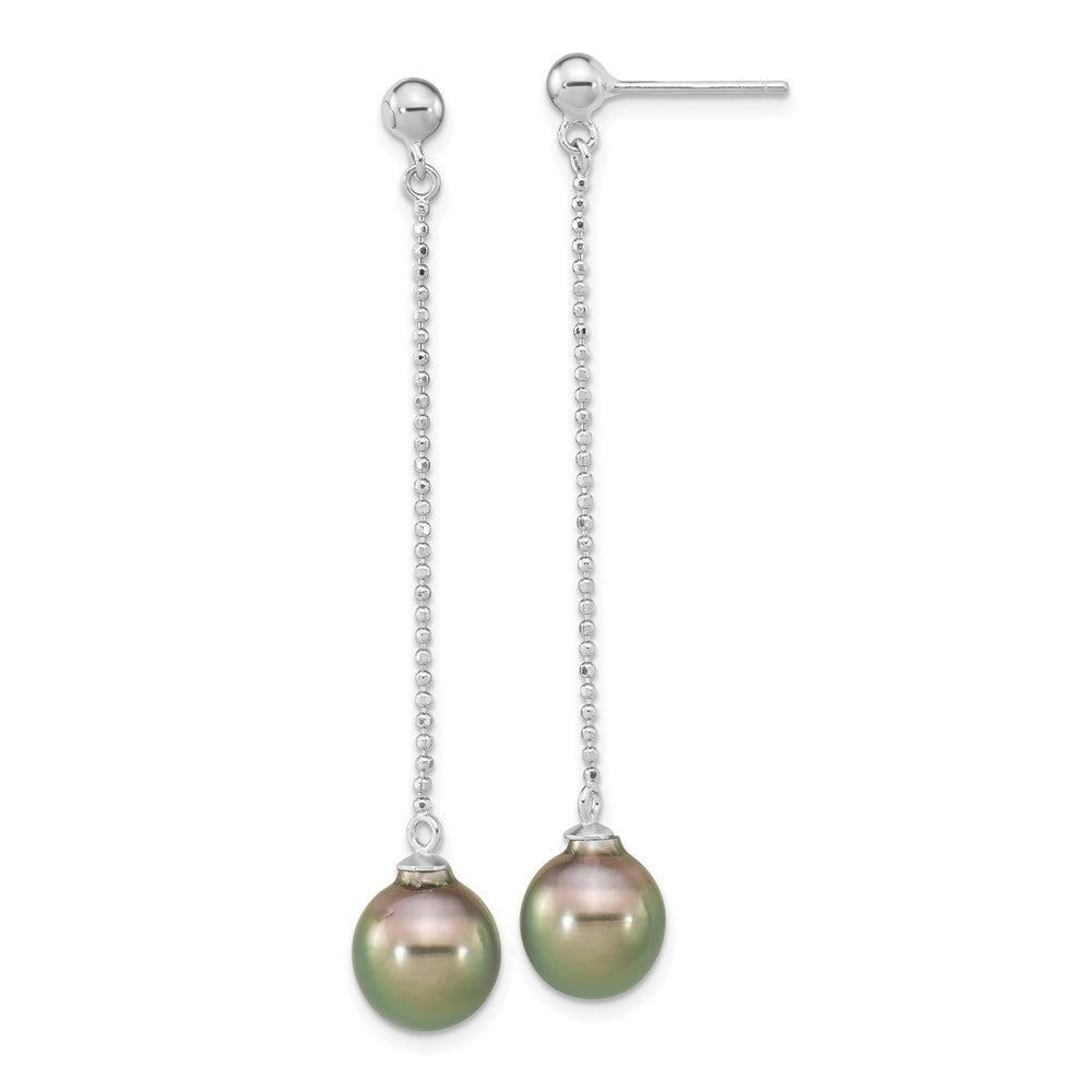 QE16377 Sterling Silver Rhodium-plated 9-10mm Black Teardrop Tahitian Saltwater Cultured Pearl Post Dangle Earrings