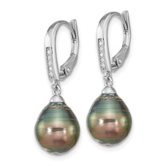 QE16378 Sterling Silver Rhodium-plated 9-10mm Black Teardrop Tahitian Saltwater Cultured Pearl and CZ Dangle Leverback Earrings