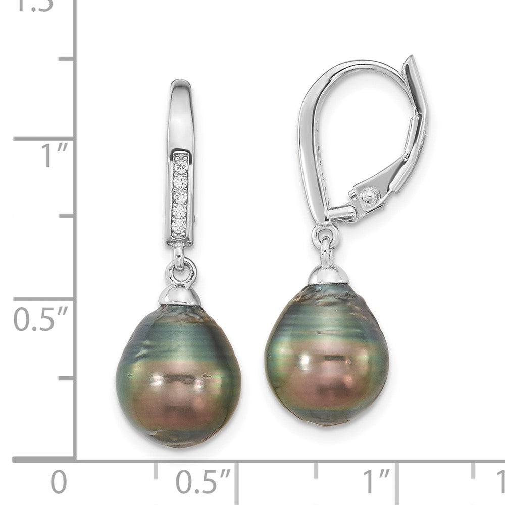 QE16378 Sterling Silver Rhodium-plated 9-10mm Black Teardrop Tahitian Saltwater Cultured Pearl and CZ Dangle Leverback Earrings