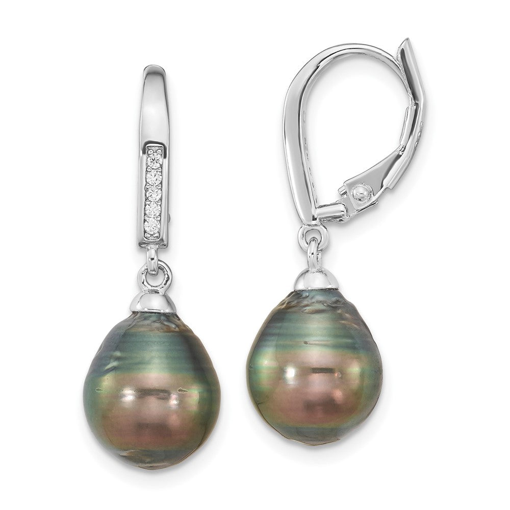 QE16378 Sterling Silver Rhodium-plated 9-10mm Black Teardrop Tahitian Saltwater Cultured Pearl and CZ Dangle Leverback Earrings