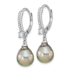 QE16379 Sterling Silver Rhodium-plated 9-10mm Black Teardrop Tahitian Saltwater Cultured Pearl and CZ Dangle Leverback Earrings