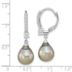 QE16379 Sterling Silver Rhodium-plated 9-10mm Black Teardrop Tahitian Saltwater Cultured Pearl and CZ Dangle Leverback Earrings