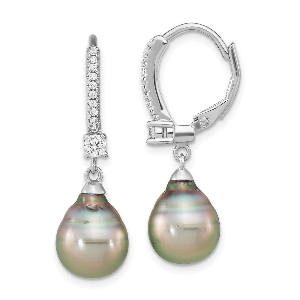 QE16379 Sterling Silver Rhodium-plated 9-10mm Black Teardrop Tahitian Saltwater Cultured Pearl and CZ Dangle Leverback Earrings