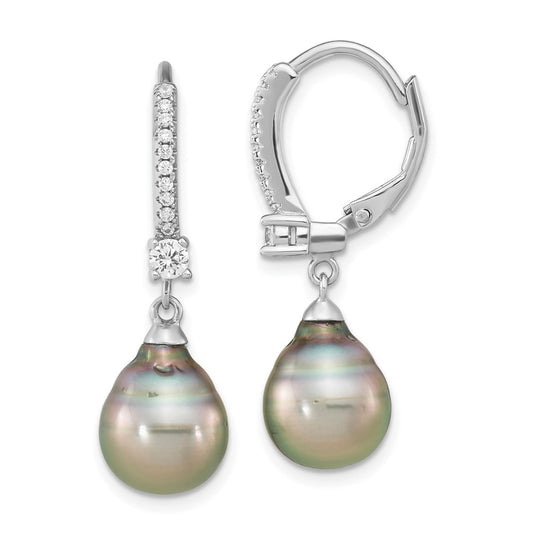 QE16379 Sterling Silver Rhodium-plated 9-10mm Black Teardrop Tahitian Saltwater Cultured Pearl and CZ Dangle Leverback Earrings