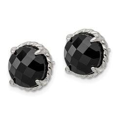 QE16384 Sterling Silver Polished & Twisted Edge Round Onyx Post Earrings