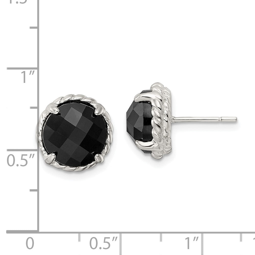 QE16384 Sterling Silver Polished & Twisted Edge Round Onyx Post Earrings
