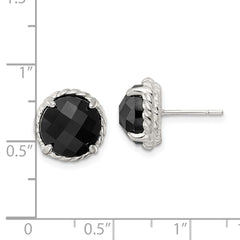 QE16384 Sterling Silver Polished & Twisted Edge Round Onyx Post Earrings