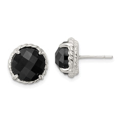 QE16384 Sterling Silver Polished & Twisted Edge Round Onyx Post Earrings