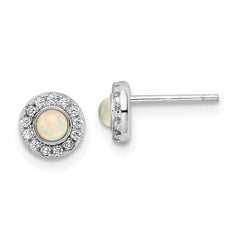 QE16403 Sterling Silver Rhod-plated Polished Created Opal & CZ Halo Post Earrings