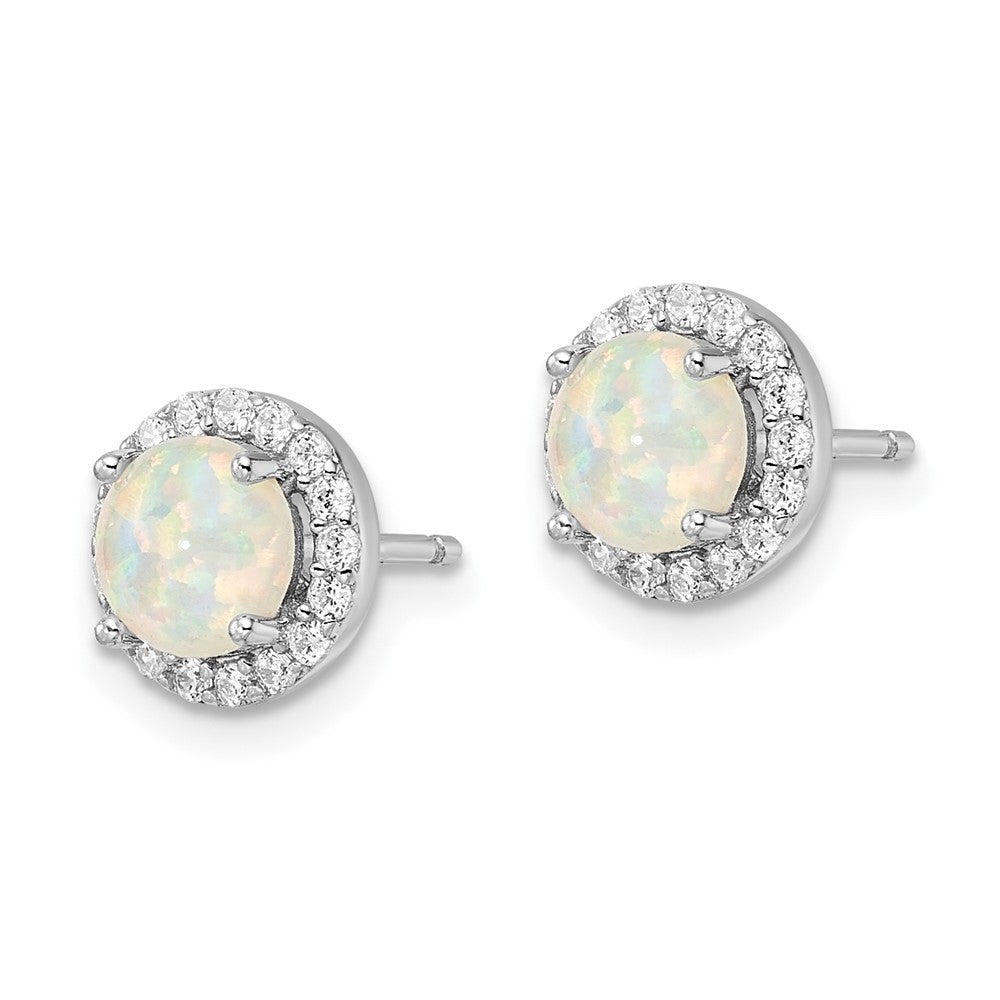 QE16406 Sterling Silver RH-pltd Polished Created Opal/CZ Round Halo Post Earrings