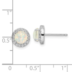 QE16406 Sterling Silver RH-pltd Polished Created Opal/CZ Round Halo Post Earrings