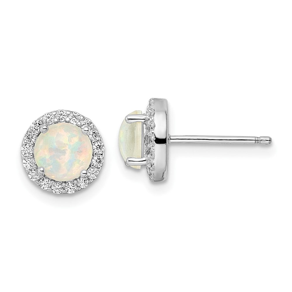 QE16406 Sterling Silver RH-pltd Polished Created Opal/CZ Round Halo Post Earrings