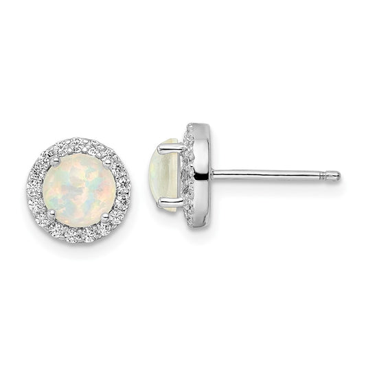 QE16406 Sterling Silver RH-pltd Polished Created Opal/CZ Round Halo Post Earrings