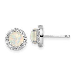 QE16406 Sterling Silver RH-pltd Polished Created Opal/CZ Round Halo Post Earrings