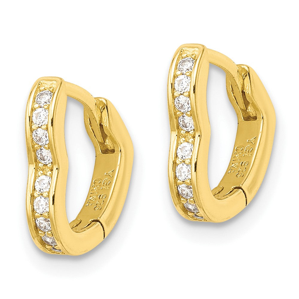 QE16435 Sterling Silver Polished Gold-tone CZ Hinged Heart Shaped Hoop Earrings