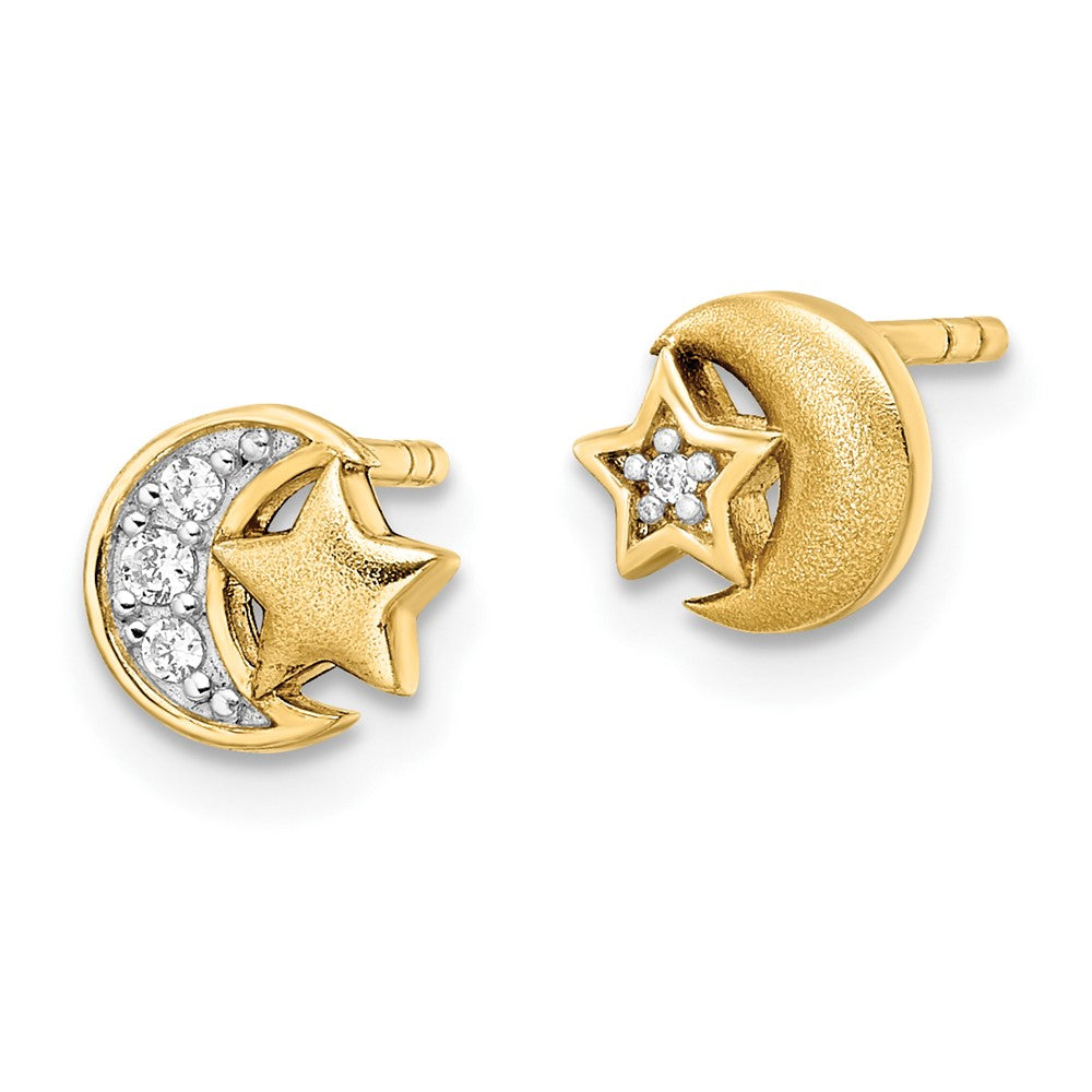QE16472 Sterling Silver Gold-tone CZ Star and Moon Post Earrings