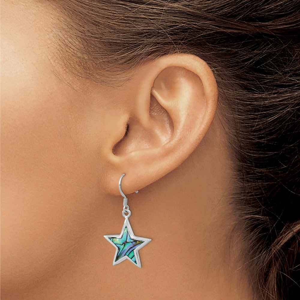 QE16493 Sterling Silver Rhodium-plated Polished Abalone Star Dangle Earrings
