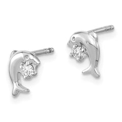QE16496 Sterling Silver Rhodium-plated CZ Dolphin Post Earrings
