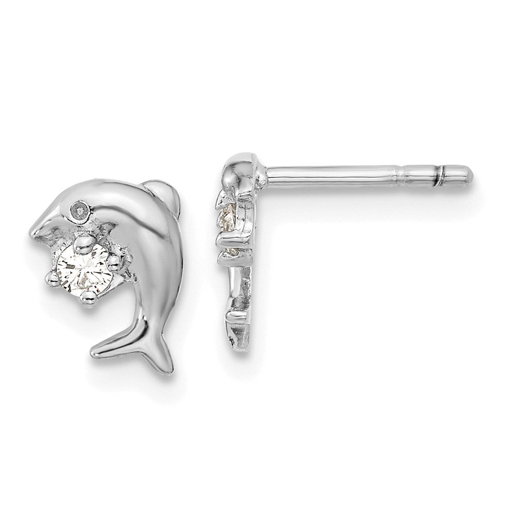 QE16496 Sterling Silver Rhodium-plated CZ Dolphin Post Earrings