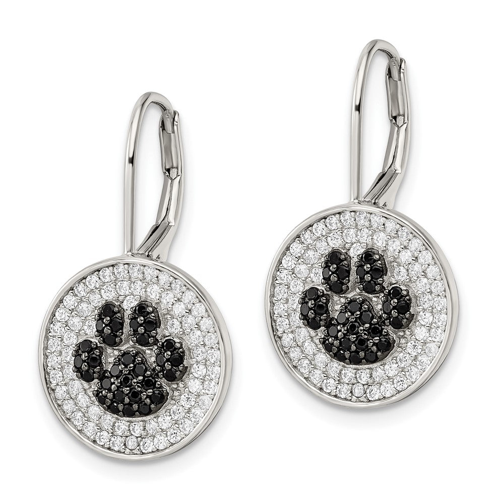 QE16501 Sterling Silver Rhodium-plated Polished CZ Paw Print Leverback Earrings