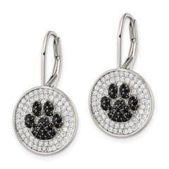 QE16501 Sterling Silver Rhodium-plated Polished CZ Paw Print Leverback Earrings