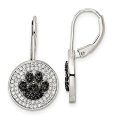 QE16501 Sterling Silver Rhodium-plated Polished CZ Paw Print Leverback Earrings