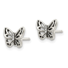 QE16560 Sterling Silver Antiqued CZ Butterfly Post Earrings