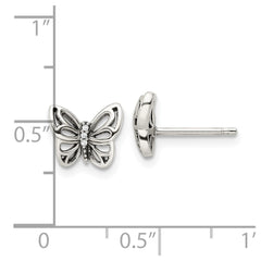 QE16560 Sterling Silver Antiqued CZ Butterfly Post Earrings