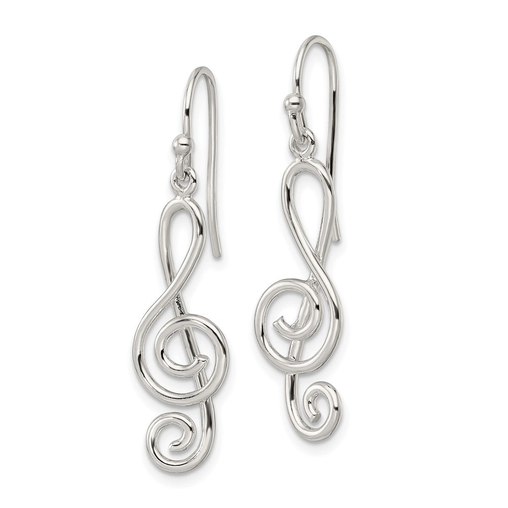 QE16567 Sterling Silver Polished Treble Clef Dangle Shepherd Hook Earrings