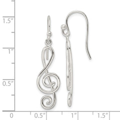 QE16567 Sterling Silver Polished Treble Clef Dangle Shepherd Hook Earrings
