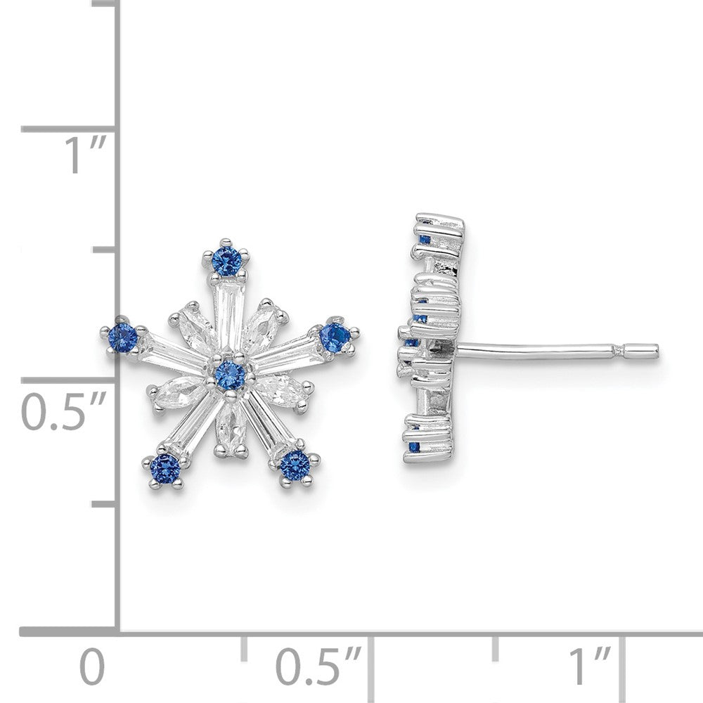 QE16569 Sterling Silver Rhodium-plated Polished Blue & White CZ Snowflake Post Earr