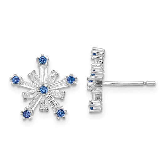 QE16569 Sterling Silver Rhodium-plated Polished Blue & White CZ Snowflake Post Earr