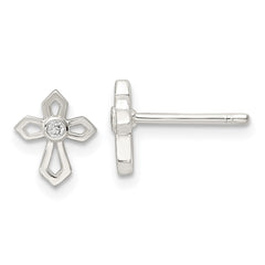 QE16573 Sterling Silver Polished CZ Passion Cross Post Earrings