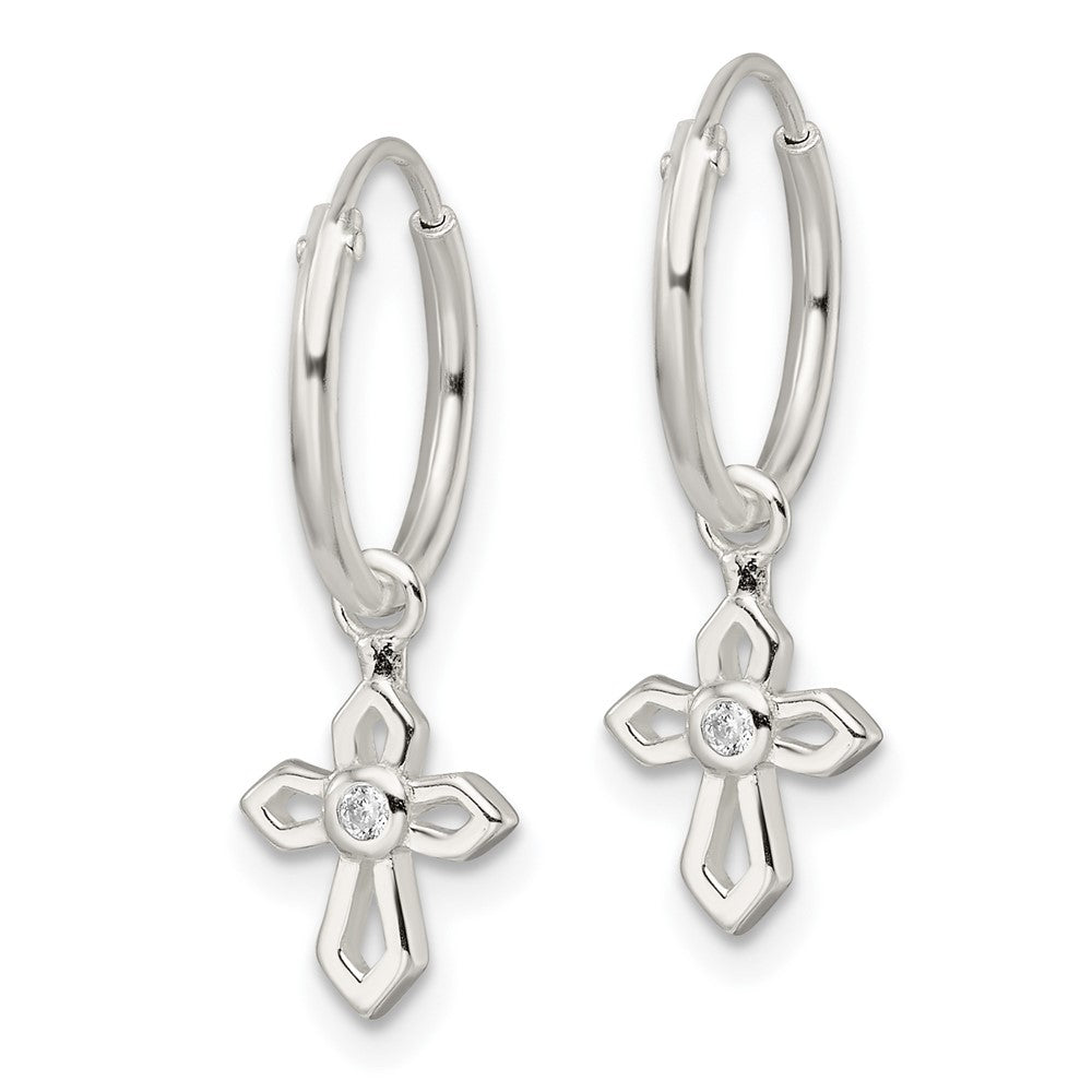 QE16579 Sterling Silver Polished CZ Passion Cross Dangle Endless Hoop Earrings