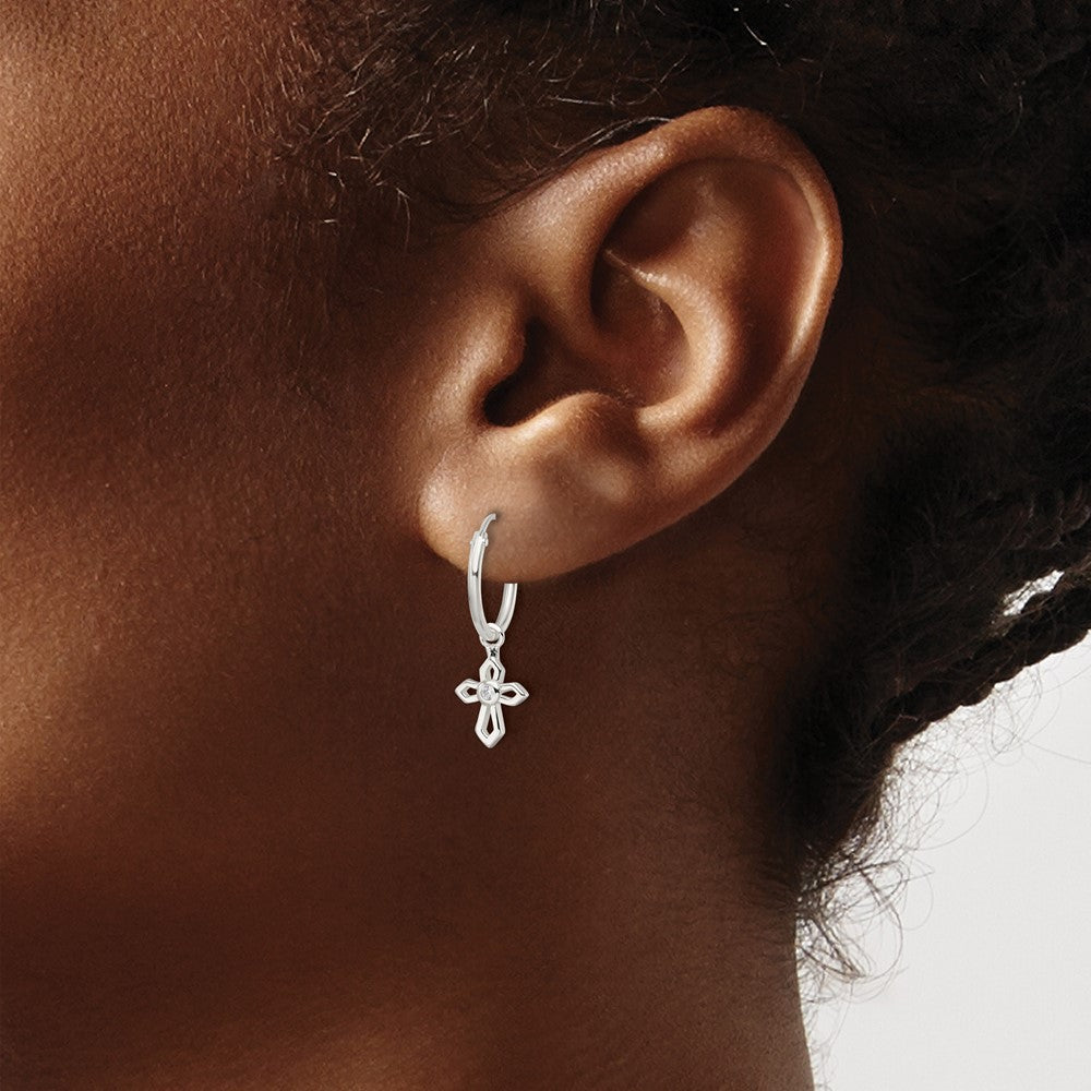 QE16579 Sterling Silver Polished CZ Passion Cross Dangle Endless Hoop Earrings