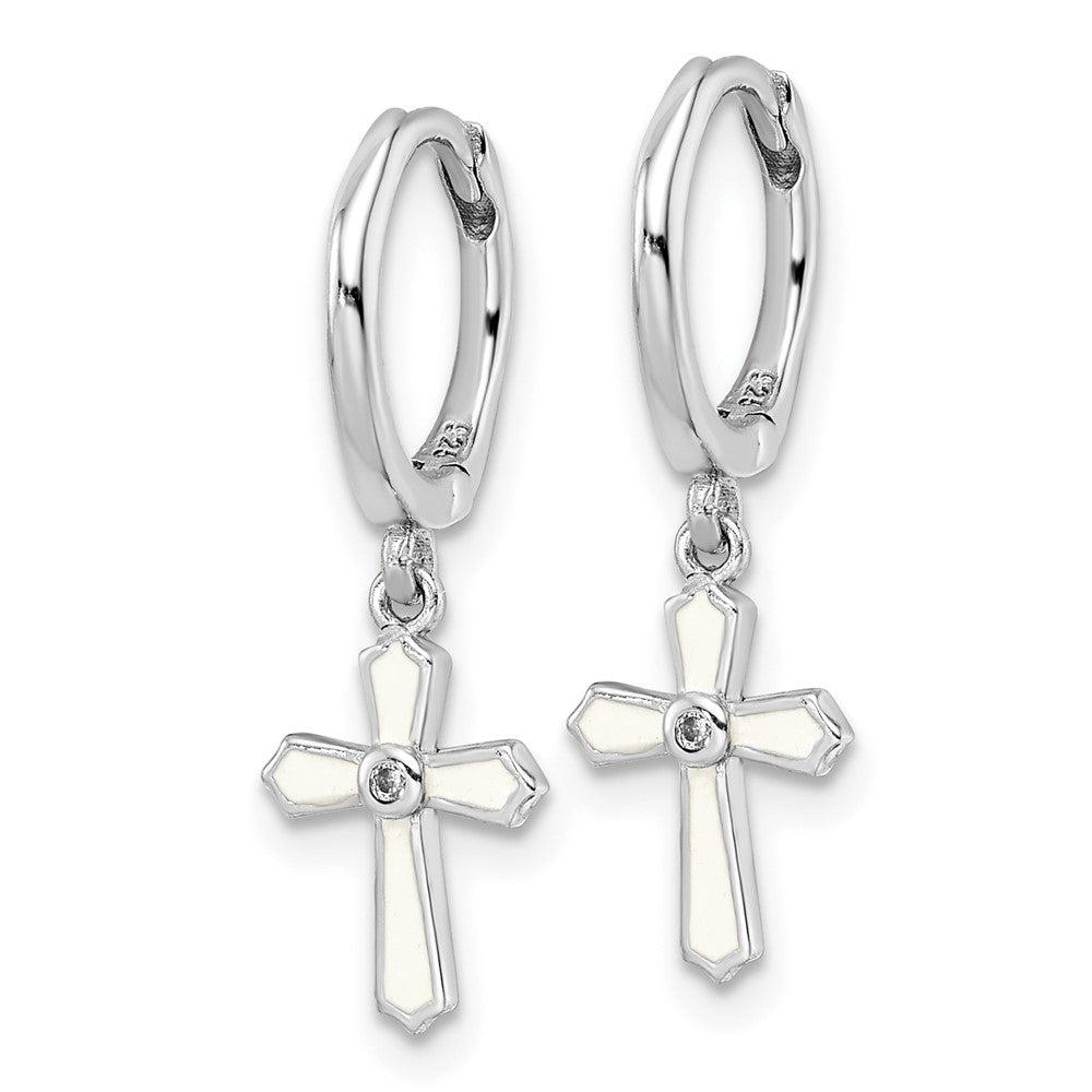 QE16580 Sterling Silver Rhodium-plated Polished CZ & White Enamel Passion Cross Dangle Round Hoop Earrings