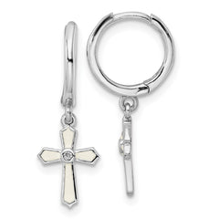 QE16580 Sterling Silver Rhodium-plated Polished CZ & White Enamel Passion Cross Dangle Round Hoop Earrings