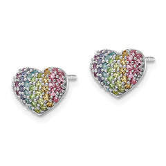QE16592 Sterling Silver Rhodium-plated Rainbow Crystal Heart Post Earrings