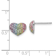 QE16592 Sterling Silver Rhodium-plated Rainbow Crystal Heart Post Earrings