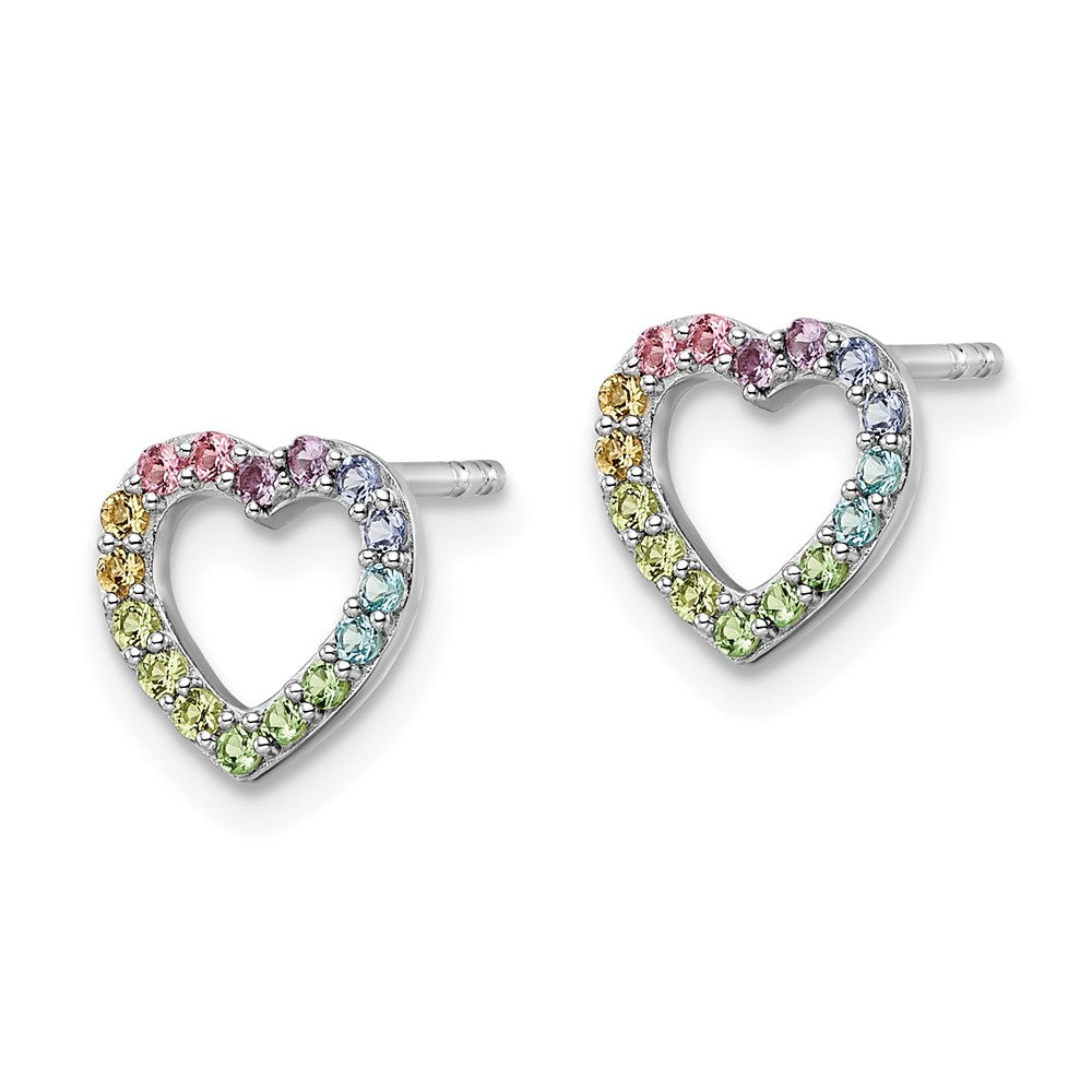 QE16593 Sterling Silver RH-plated Rainbow Crystal Open Heart Post Earrings