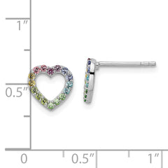 QE16593 Sterling Silver RH-plated Rainbow Crystal Open Heart Post Earrings