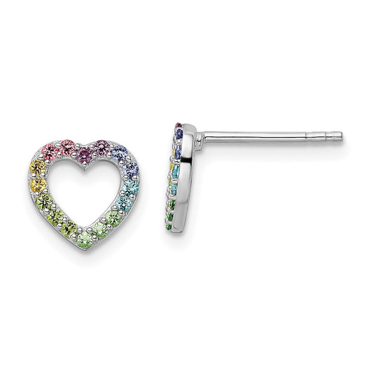 QE16593 Sterling Silver RH-plated Rainbow Crystal Open Heart Post Earrings