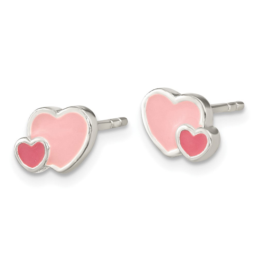 QE16594 Sterling Silver Rhodium-plated Pink Enamel Double Heart Post Earrings