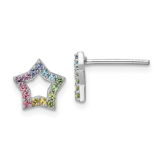 QE16598 Sterling Silver Rhodium-plated Rainbow Crystal Star Post Earrings